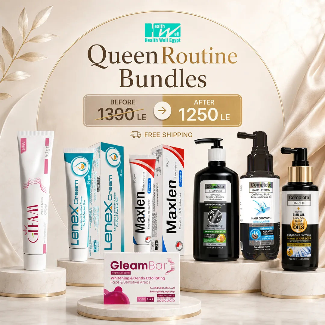 A promotional bundle display for Queen Routine Bundles by Health Well Egypt, featuring dental and skincare products including Gream, Lenex, Maxlen, and black pump bottles on a beige draped background with a promotional price banner.