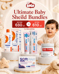 A promotional bundle advertisement for 'Solo Ultimate Baby Sheild Bundles' featuring multiple baby care products including Calm One lotion, Fast Care toothpaste, Soft Well diaper cream, and a jar of Solo Cream, alongside a baby and a price comparison banner.