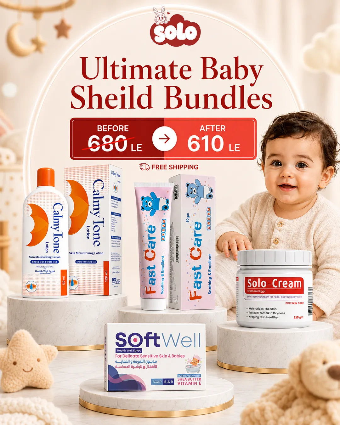 A promotional bundle advertisement for 'Solo Ultimate Baby Sheild Bundles' featuring multiple baby care products including Calm One lotion, Fast Care toothpaste, Soft Well diaper cream, and a jar of Solo Cream, alongside a baby and a price comparison banner.