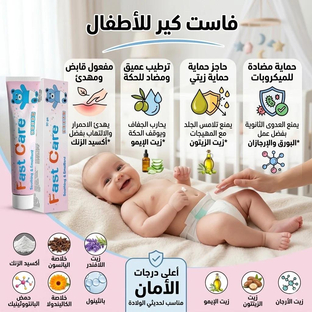 Baby lying on a blanket with 'Fast Care' products and text in Arabic