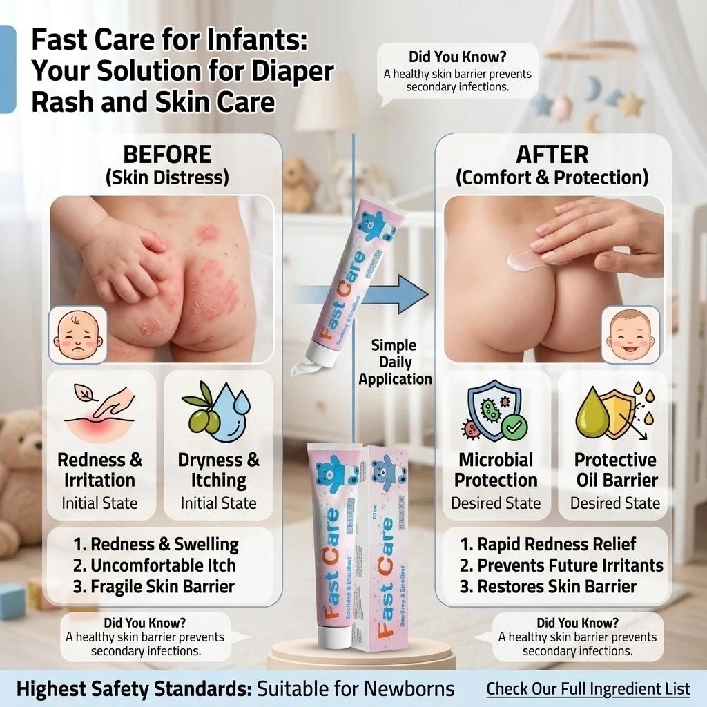 Product advertisement for diaper rash cream showing before and after effects on a baby's skin.