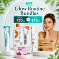 A promotional bundle graphic for 'Glow Routine Bundles' by Health Well Egypt, featuring five skincare products on white pedestals: LenEx Cream, Clamyfone, Maxlen, GLEAM, and GlycroWell. A woman is pictured on the right, and a before/after price banner is displayed at the top.