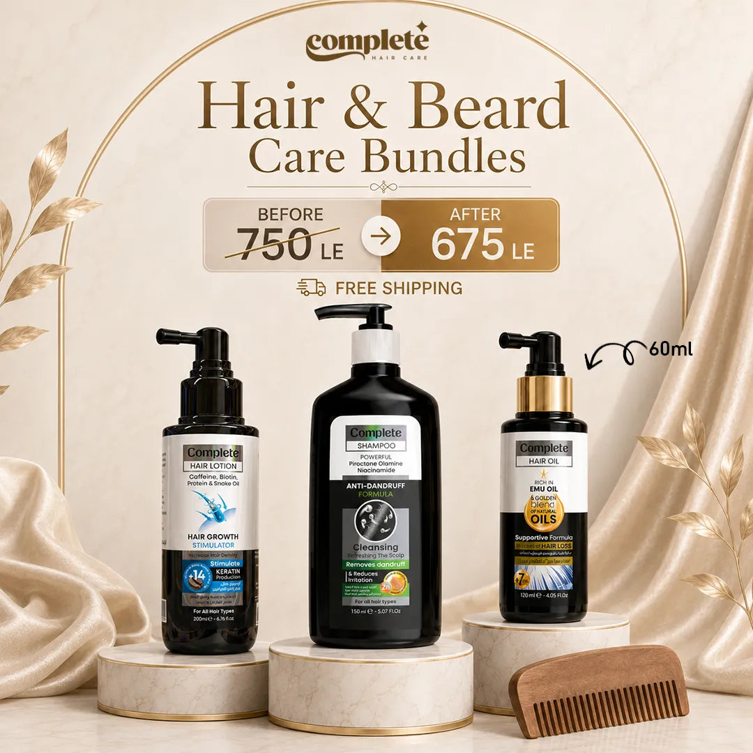 Three bottles of Complete Hair & Beard Care Bundles displayed on pedestals with a wooden comb in front, set against a draped champagne silk background with promotional text overlays.