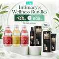 Promotional bundle graphic for Intimacy & Wellness products, showing four bottles and four boxes on white marble-like pedestals with marketing text including 'Before 745 LE' and 'After 600 LE', plus 'Free Shipping' and '20% Discount'. Visible products include Regudrink bottles and Vito Well spray/cream packaging.