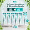 Promotional bundle graphic for Lenex Cream showing six white and teal tubes of cream arranged on a marble-like platform, with a large teal banner reading 'Softness, Smoothness & Lightening Bundle' and a free tube highlighted on the right. Brand text 'Lenex' is clearly visible on the tubes.