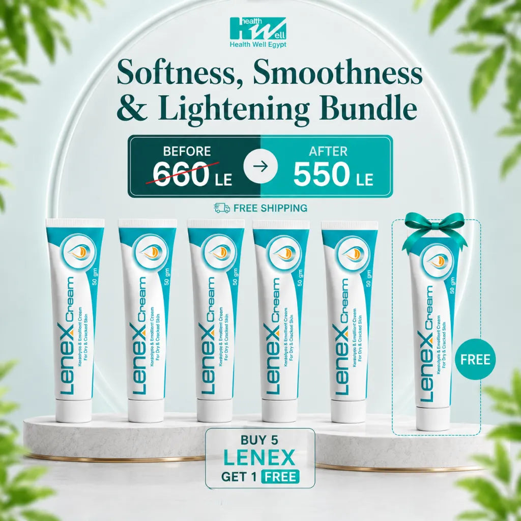 Promotional bundle graphic for Lenex Cream showing six white and teal tubes of cream arranged on a marble-like platform, with a large teal banner reading 'Softness, Smoothness & Lightening Bundle' and a free tube highlighted on the right. Brand text 'Lenex' is clearly visible on the tubes.