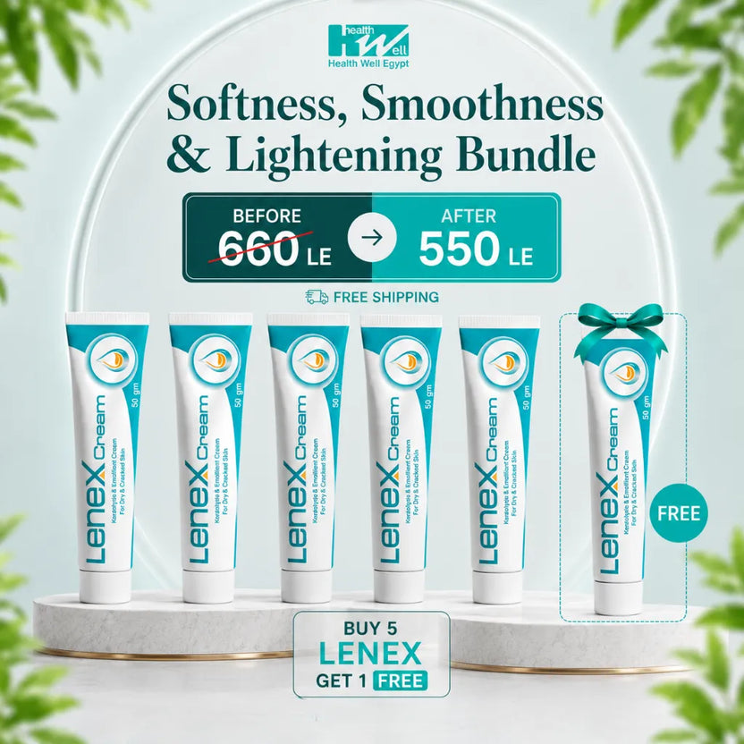 Promotional bundle graphic for Lenex Cream showing six white and teal tubes of cream arranged on a marble-like platform, with a large teal banner reading 'Softness, Smoothness & Lightening Bundle' and a free tube highlighted on the right. Brand text 'Lenex' is clearly visible on the tubes.