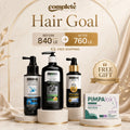 A promotional product display for hair care and skin treatment items on a beige draped background. Visible products include three Complete Hair Care pump bottles and a PimpaLok anti-acne box, arranged on round pedestals with large text reading 'Hair Goal' and 'Before 840 LE After 760 LE' plus a 'Free Gift' badge.