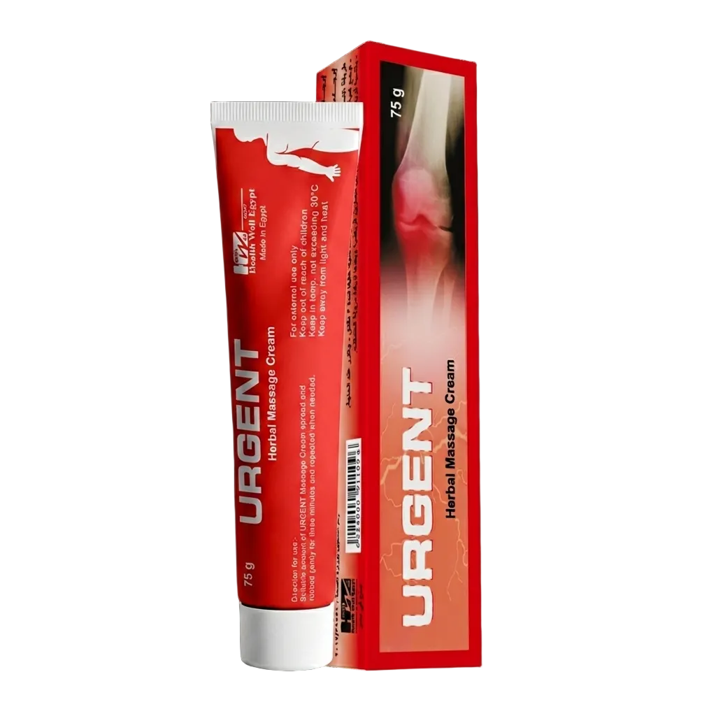 Red tube and box of Urgent Herbal Massage Cream